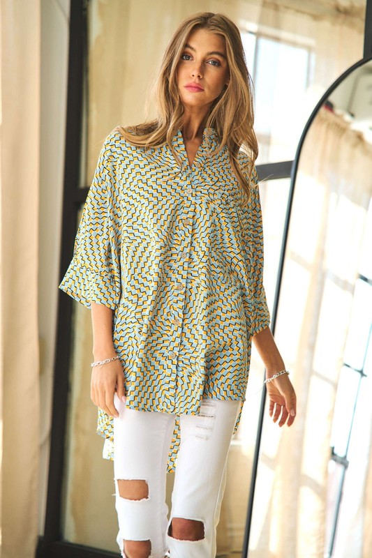 Geo Printed Relaxed Fit Flowy Button Down Shirt - Blue Yellow