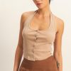 Halter Neck Buttoned Washed Top - Dark Taupe
