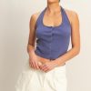 Halter Neck Buttoned Washed Top - Dusty Indigo