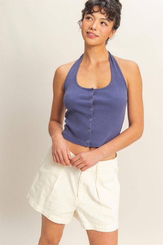 Halter Neck Buttoned Washed Top - Dusty Indigo