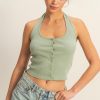 Halter Neck Buttoned Washed Top - Sage Green