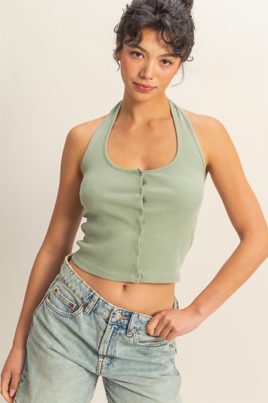 Halter Neck Buttoned Washed Top - Sage Green