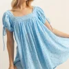 High-Low Eyelet Square Neck Short Sleeve Blouse - Pastel Blue