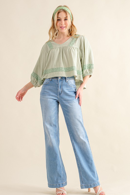 Lace Detailed V Neck Blouse Top - Sage
