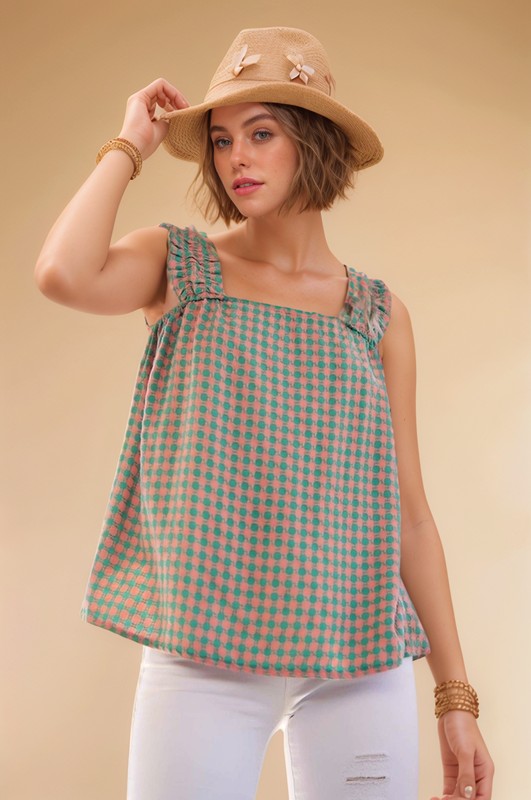 Lace Fabric Square Neck Shirred Straps Summer Top - Coral Sage
