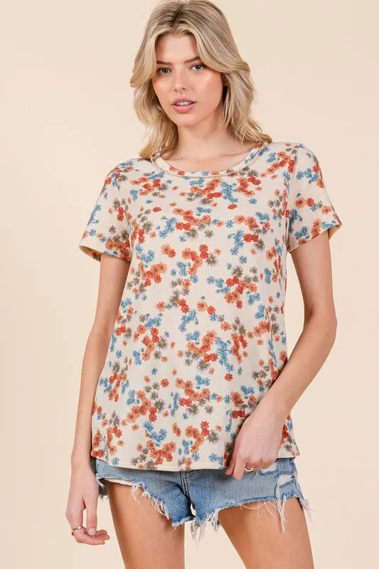 Lightweight Floral Round Neck Short Sleeve T-Shirt - Cream