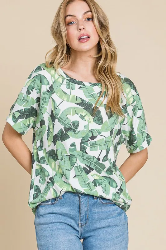 Lightweight Printed Round Neck Short Sleeve T-Shirt - Light Green