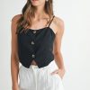 Linen Mix Button Down Tank Top - Black