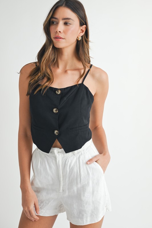 Linen Mix Button Down Tank Top - Black