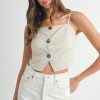 Linen Mix Button Down Tank Top - Oatmeal