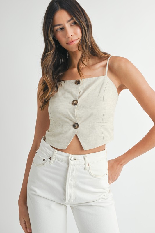 Linen Mix Button Down Tank Top - Oatmeal