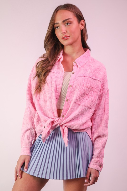 Mineral Washed Gauze Shirt Top - Pink