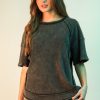 Mineral Washed Ribbed Knit Casual Top - Black