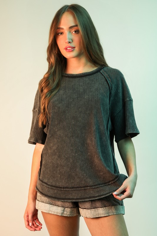 Mineral Washed Ribbed Knit Casual Top - Black