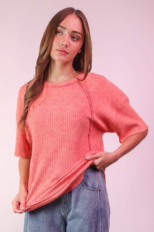 Mineral Washed Ribbed Knit Casual Top - Coral