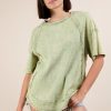 Mineral Washed Ribbed Knit Casual Top - Sage