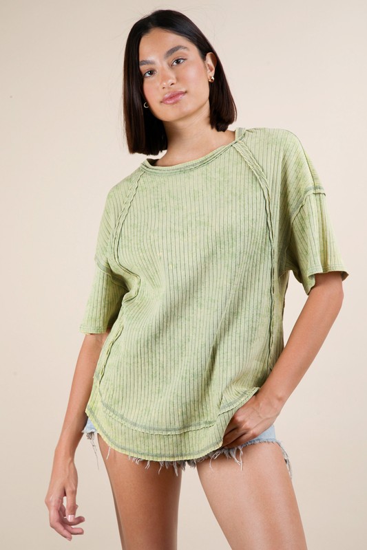 Mineral Washed Ribbed Knit Casual Top - Sage