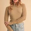 Mock Neck Ribbed Knit Top with Crochet Sleeve - Tan