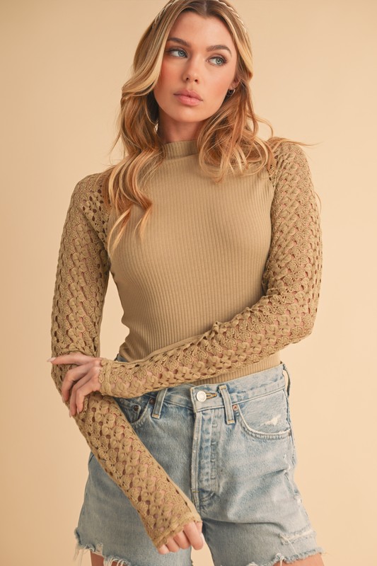 Mock Neck Ribbed Knit Top with Crochet Sleeve - Tan