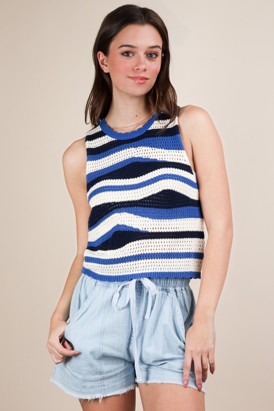 Multi Color Stripe Knit Crop Tank - Navy