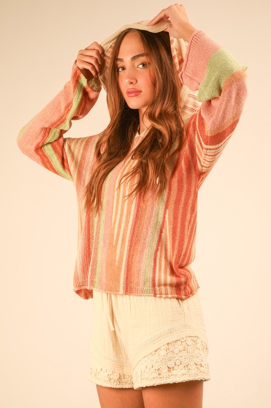 Multi Color Stripe Long Sleeve Knit Hoodie - Natural