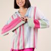 Multi Color Stripe Long Sleeve Knit Hoodie - Sky
