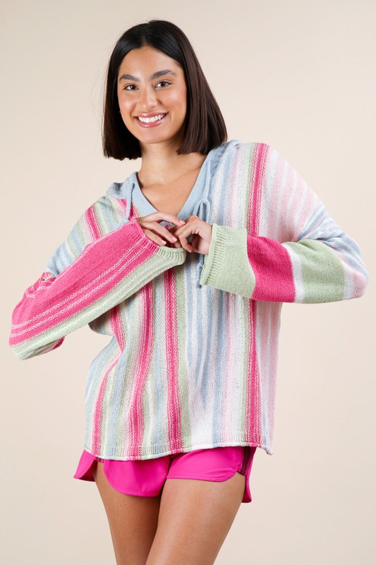 Multi Color Stripe Long Sleeve Knit Hoodie - Sky