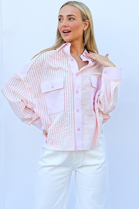 Multi Striped Mix-Match Patched Pocket Shirt - Baby Pink