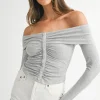Off-Shoulder Long Sleeve T-Shirt - Light Gray
