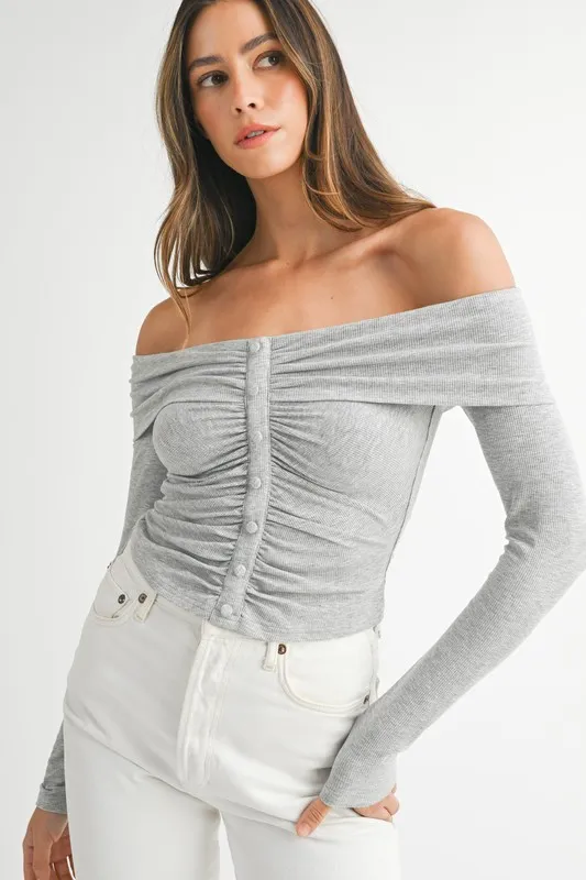 Off-Shoulder Long Sleeve T-Shirt - Light Gray