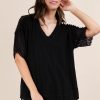 Oversized Contrast Knit Comfy Casual Top - Black