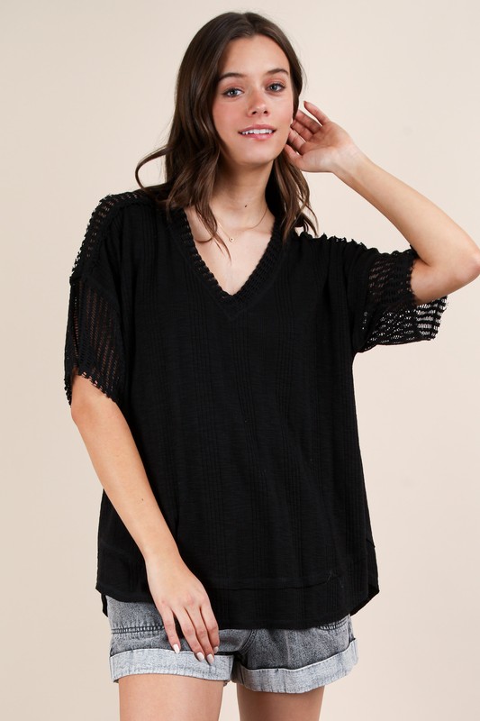 Oversized Contrast Knit Comfy Casual Top - Black