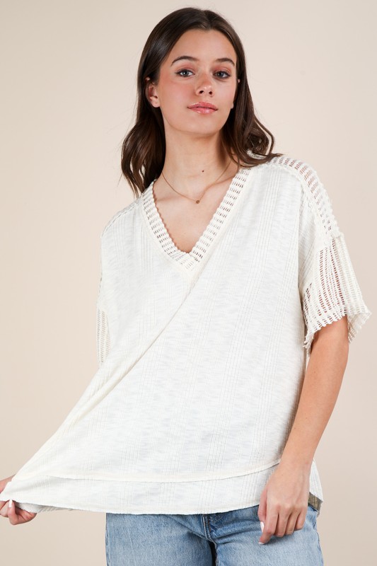 Oversized Contrast Knit Comfy Casual Top - Ivory