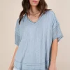 Oversized Contrast Knit Comfy Casual Top - Light Blue