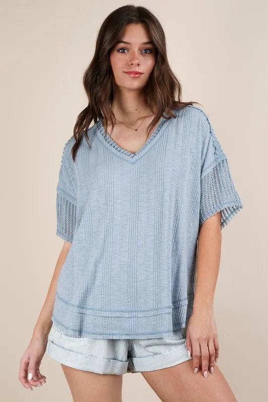 Oversized Contrast Knit Comfy Casual Top - Light Blue