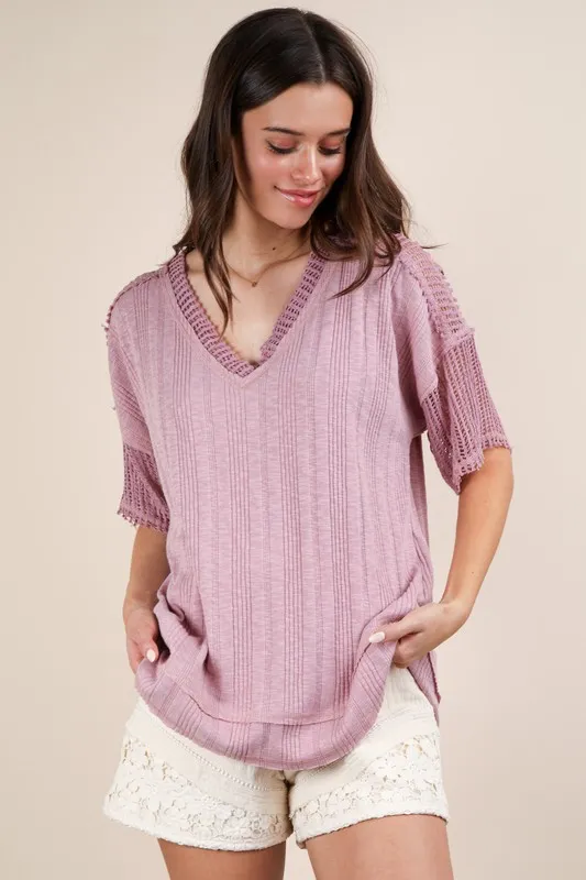 Oversized Contrast Knit Comfy Casual Top - Lilac