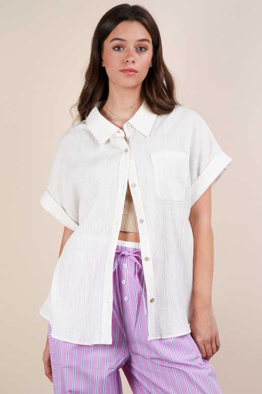 Oversized Dolman Sleeve Crinkled Woven Shirt - Oatmeal