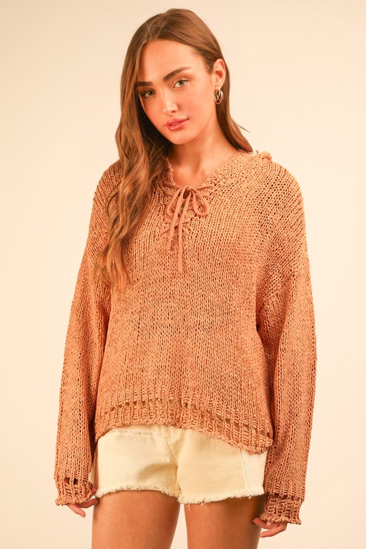 Oversized Openwork Lace Up Hooded Sweater - Blush