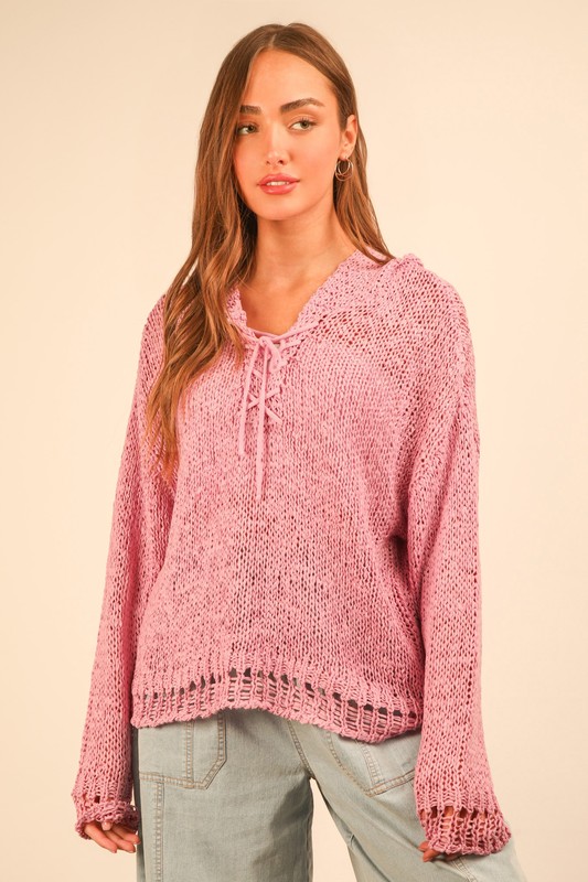 Oversized Openwork Lace Up Hooded Sweater - Orchid