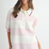 Oversized Stripe Polo Collar Sweater - Pink