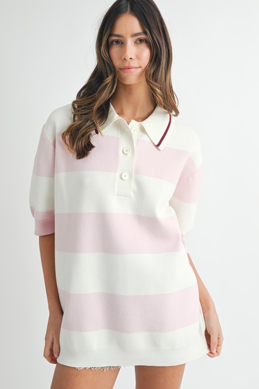 Oversized Stripe Polo Collar Sweater - Pink