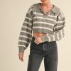 Pale Collared Striped Cropped Cable Knit Sweater - H Grey/Cream