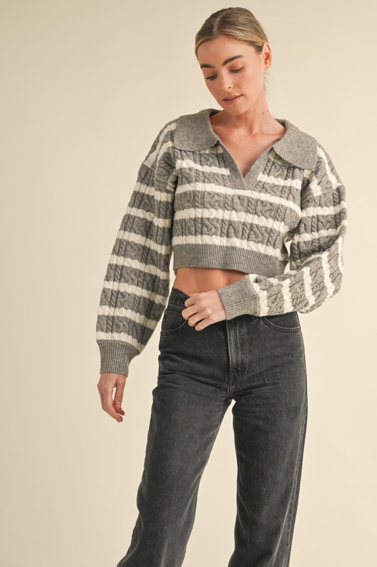 Pale Collared Striped Cropped Cable Knit Sweater - H Grey/Cream