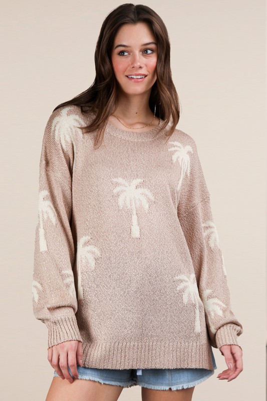 Palm Tree Graphic Oversized Knit Sweater - Mocha