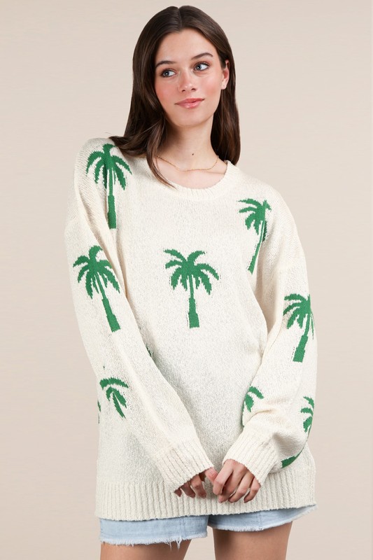 Palm Tree Graphic Oversized Knit Sweater - Natural