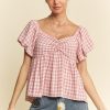 Plaid Puff Sleeves Ruffled Smocked Blouse - Pink
