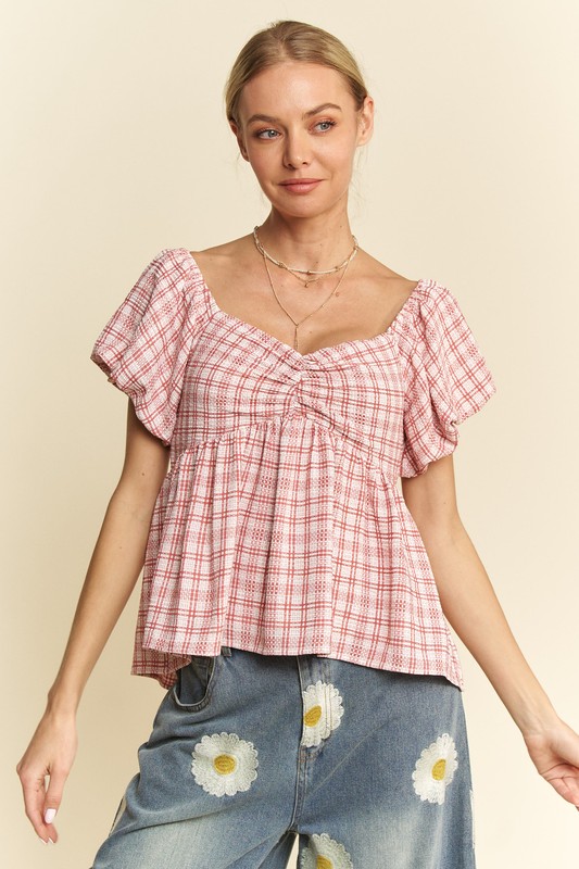 Plaid Puff Sleeves Ruffled Smocked Blouse - Pink