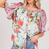 Plus Size Floral Mineral Wash French Terry Button Up Shirt - Sky Blue
