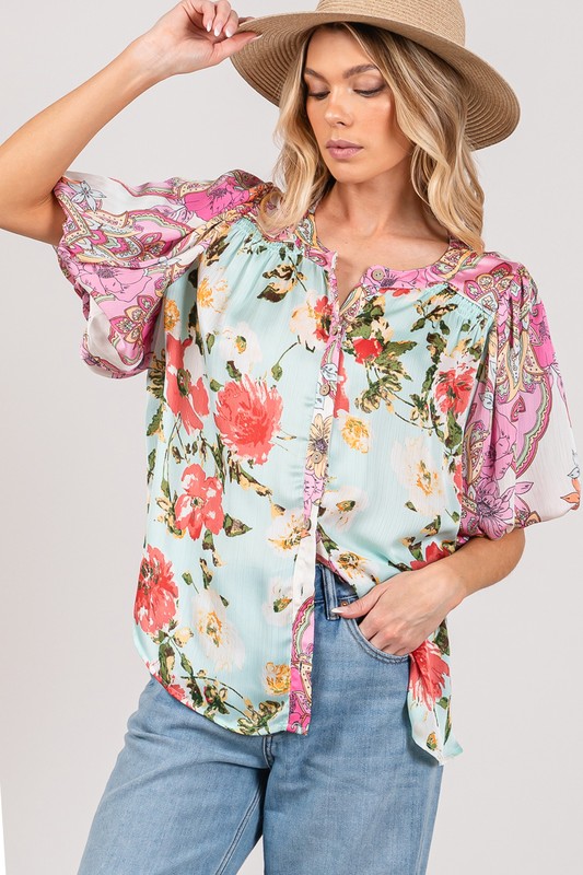 Plus Size Floral Mineral Wash French Terry Button Up Shirt - Sky Blue