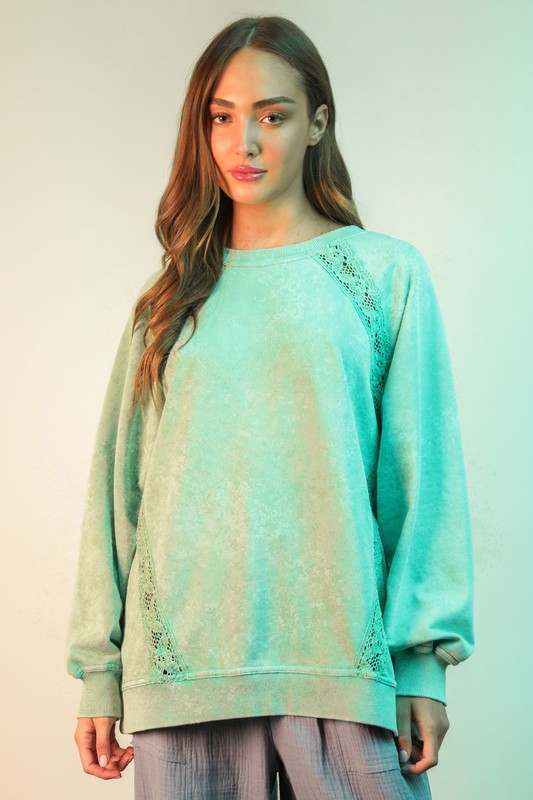 Plus Size Lace Trim Detail Mineral Washed Knit Top - Mint